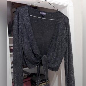✨ Long Tall Sally Vintage Black Glitter Tie-Front Shrug — Effortless Elegance ✨